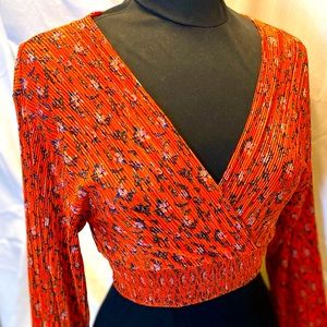 Urban Outfitters Orange Red Floral Pleat Plisse Wrap Crop Top